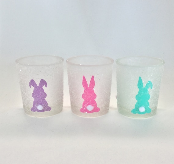 Set of 3 Easter Votive Candle Holders - Easter Frosted Glass Candle Holders - Easter Bunnies Candle Holders
