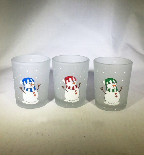 Set of 3 Snowmen Votive Candle Holders - Snowmen Frosted Glass Candle Holders