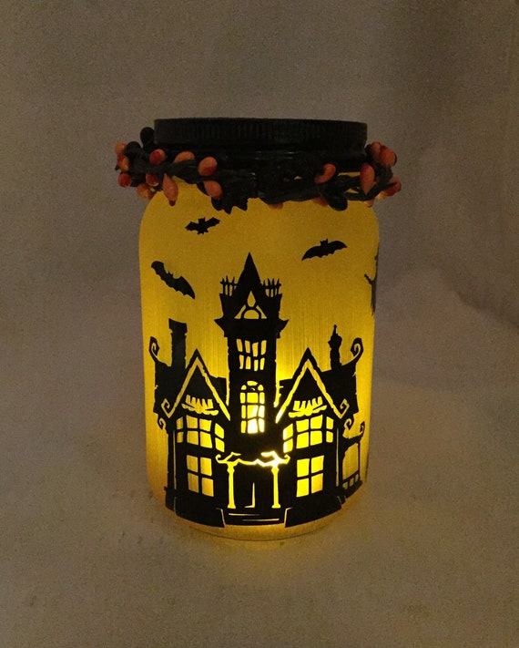 Halloween Mansion Mason Jar Lantern: Eerie Flameless Luminaire