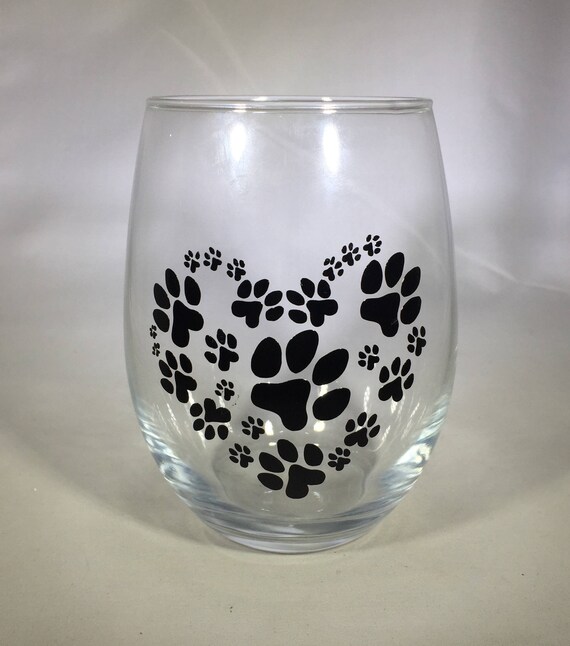 Personalized Stemless Wine Glass - Paw Print Heart Stemless Wine Glass