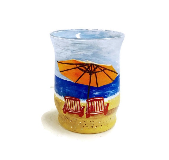 Hand Painted Chairs and Beach Umbrella Glass Candle Holder