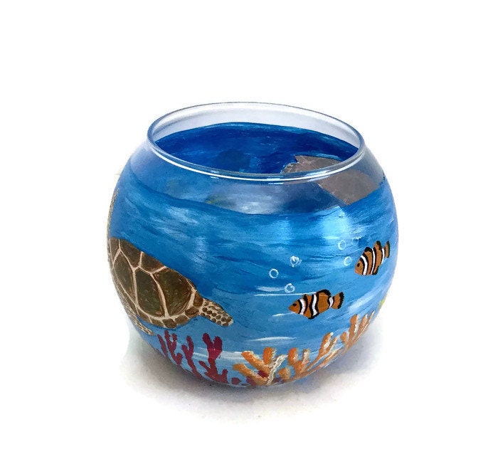 Hand Painted Sea Turtle Glass Candle Holder Sea Turtle Glass Bowl Sea Turtles Underwater