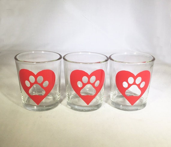 Set of 3 Valentine Votive Candle Holders - Hearts with Paw Prints Votives - Clear or Frosted Glass Valentine Candle Holders