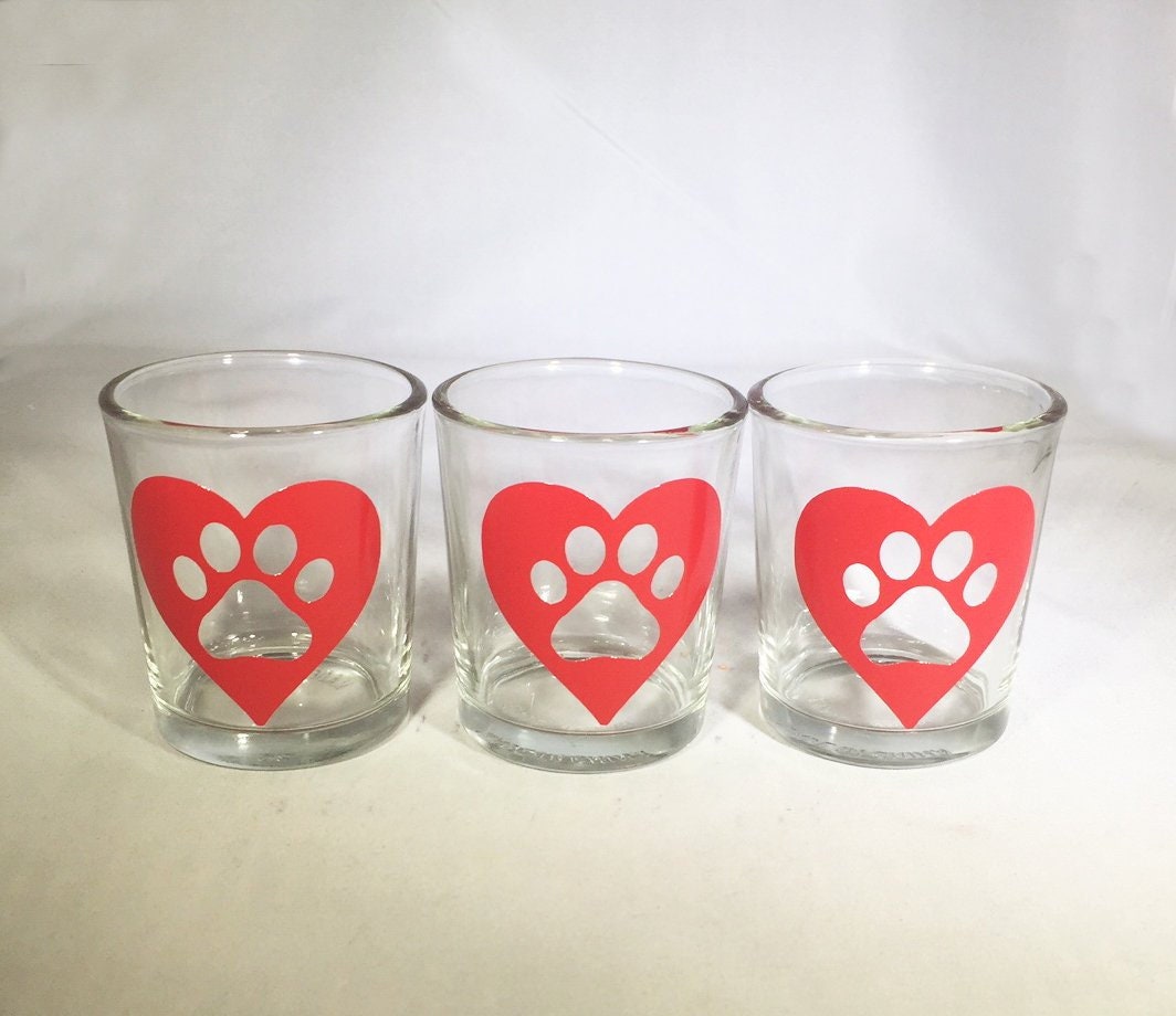 Set of 3 Valentine Votive Candle Holders Hearts with Paw Prints