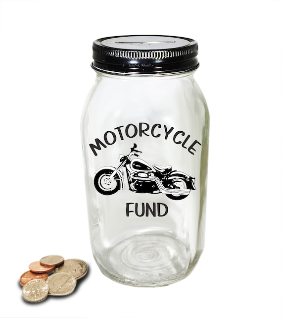 Personalized Mason Jar Motorcycle Fund Bank - Motorcycle Savings Bank - Motorcycle Money Jar - New Motorcycle Savings Jar - Glass Coin Bank