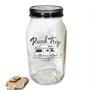 Personalized Mason Jar Road Trip Fund Bank - Road Trip Savings Bank - Road Trip Money Jar - Road Trip Savings Jar - Glass Coin Bank