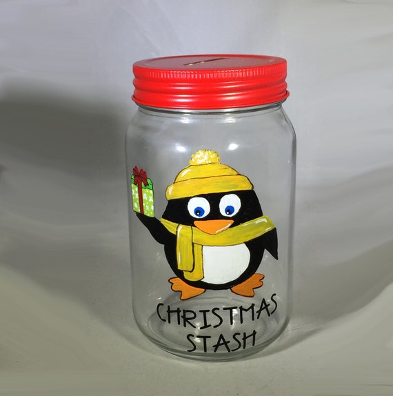 Personalized Hand Painted Penguin Christmas Savings Bank