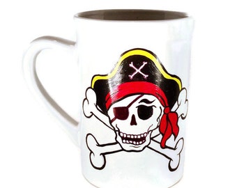 Hand Painted White Pirate Mug - Hand Painted Ceramic Pirate Skull Coffee Mug