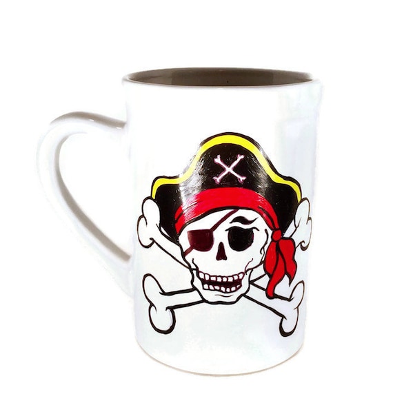 Hand Painted Pirate Skull Coffee Mug - White Ceramic Mug