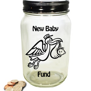 Personalisierte Storch Neuer Baby Fund - Neue Baby Bank - Baby Shower Geschenk - Geld Jar - Einmachglas Fund - Glas Spardose