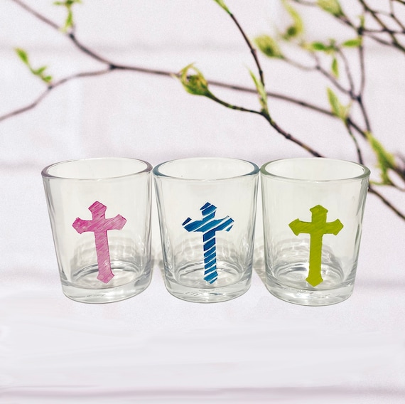 Hand Painted Easter Cross Votive Candle Holders - Set of 3