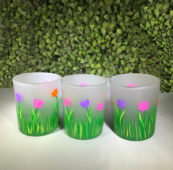 Hand Painted Tulip Votive Candle Holders - Frosted Glass, Set of 3