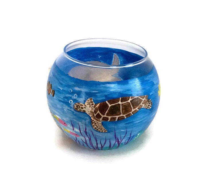 Hand Painted Sea Turtle Glass Candle Holder Sea Turtle Glass Bowl Sea Turtles Underwater