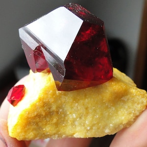 May include: A large, deep red, crystal mineral specimen on a yellow, rough, rock matrix.