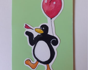 Penguin in love card, Valentine's Day, Anniversary, Original watercolour