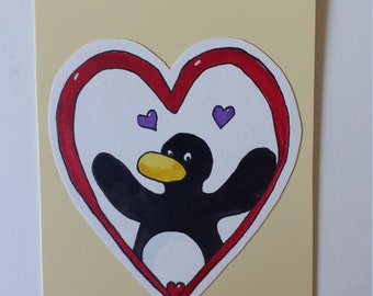 Penguin in love card, Valentine's Day, Anniversary, Original watercolour