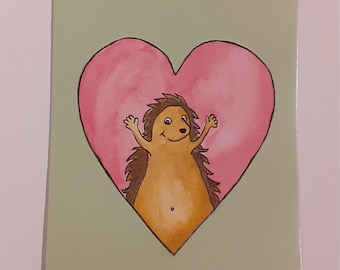 Hedgehog in love card, Valentine's day, Anniversary, Original watercolour