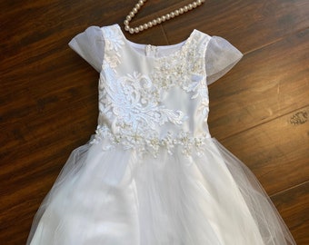 Toddler Kids Girls Communion Dress First Communion Holy Communion Dress Flower Girl Dress White Flower Girl Dress Cap Sleeves