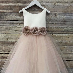 Tulle Satin Flower Girl Dress Communion Dress Bridal Dress with Flowers Floral Sash Tulle Dress