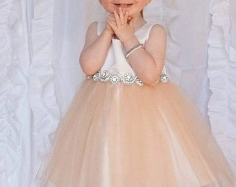 SALE - Tulle Satin Flower Girl Dress with Crystal Pearl Bridal Belt Sash  Big Bow Baby Dress Baby Satin Dress Baby Baptism Dress