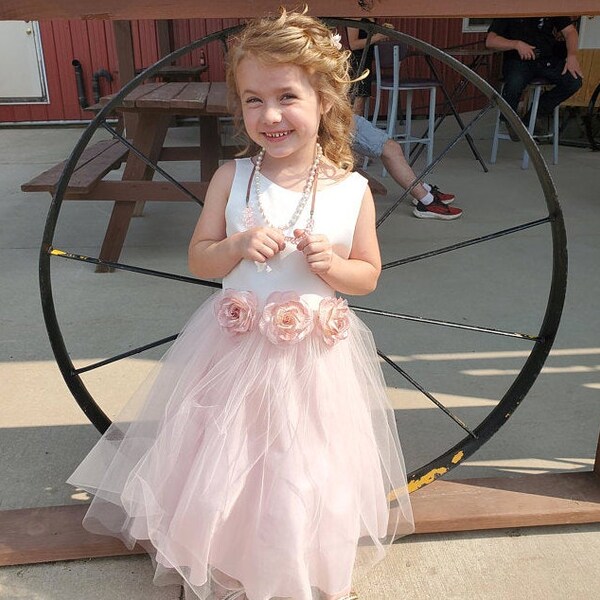 Tulle Satin Flower Girl Dress Communion Dress Bridal Dress with Flowers Floral Sash Tulle Dress