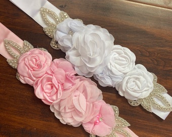 BELT ONLY - Tulle Flower and Crystal Belt with Ribbon