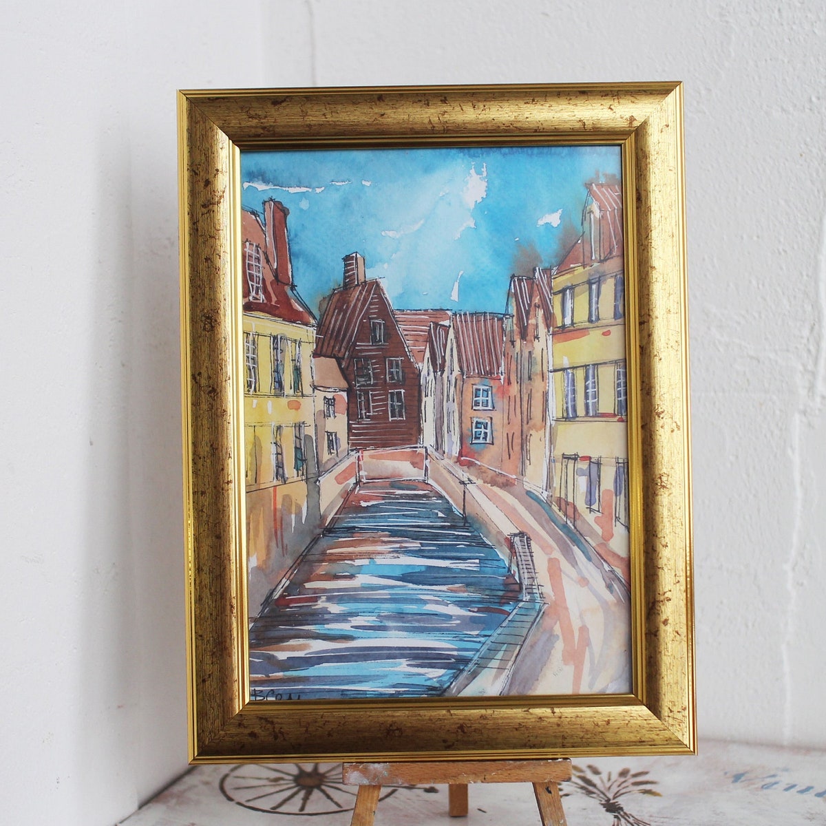 Bruges Canal Bridge Cityscape Sketch Belgium Watercolor - Etsy