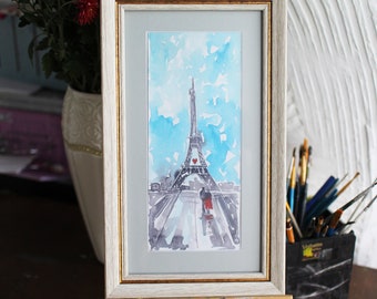 Framed Eiffel Tower Watercolor Painting, Paris Rooftops, Original Art