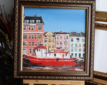 Copenhagen boat oil painting original framed Kopenhagen cityscape Denmark Oil Painting on canvas
