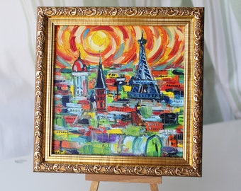 Paris cityscape Eiffel Tower oil painting framed original Small Oil Painting on canvas Paris Painting Paris Wall Art  Decor bicycle