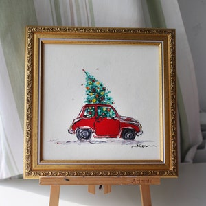 Auto di Natale Dipinto ad olio incorniciato originale, originale biglietto di Natale dipinto a mano, auto retrò rossa Tela di pittura ad olio, Saluto
