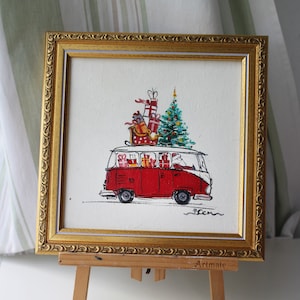 Voiture bus de Noël peinture à l'huile encadrée originale carte de Noël peinte à la main voiture rétro rouge toile peinture à l'huile voeux