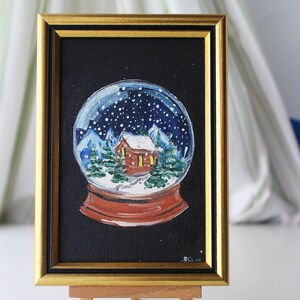 Tarjeta de Navidad de globo de nieve pintura al óleo enmarcada, bosque de invierno pintado a mano original, lienzo de pintura al óleo, regalo de Navidad, saludo