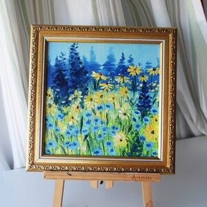 Chamomile Floral meadow Oil painting framed original 8x8 in flower field Handmade painting Modern Art Original Painting