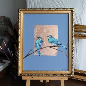 Two Blue Jay Hummingbird Painting with bronze Leaf  original framed, gold painting, Gold Leaf Texture Wall Art Oil Painting On Canvas
