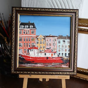 Peinture à l&#39;huile de bateau de Copenhague encadrée originale paysage urbain de Copenhague Danemark peinture à l&#39;huile sur toile