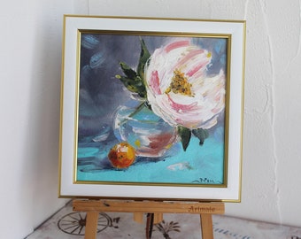 White Peony blossom art Floral Bouquet oil painting framed Original on canvas board floral art miniature oil painting
