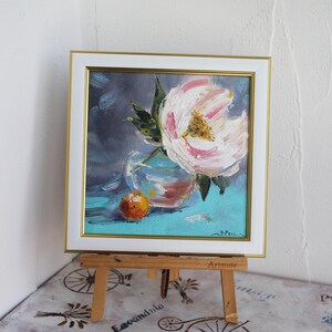 White Peony blossom art Floral Bouquet oil painting framed Original on canvas board floral art miniature oil painting