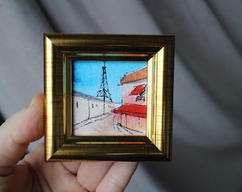 Paris Cafe Watercolor Painting, Framed Eiffel Tower Art (2x2 inch)