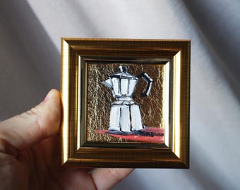 Framed Coffee Pot Oil Painting with Gold Leaf (2x2 in)
