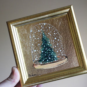 Snow Globe Christmas card oil painting with gold leaf original framed 4x4 Winter forest Original Oil Painting Christmas tree gift Greeting