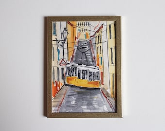 Tram Lisbon Portugal painting watercolor original framed, cityscape Tram painting, Trams in Small Painting Wall Art Decor