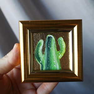 Cactus oil painting with gold leaf framed original 2x2 Oil painting  mini cactus painting leaf painting