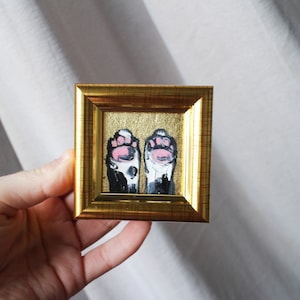 Pintura al óleo de pata de gato con pan de oro, pintura original de 2x2 enmarcada, pintura de gato negro original enmarcada