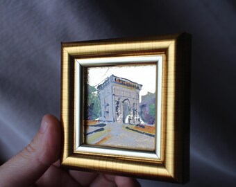 パリ凱旋門の絵画：ミニ油絵、金箔額入り都市風景画、2x2 - Etsy 日本