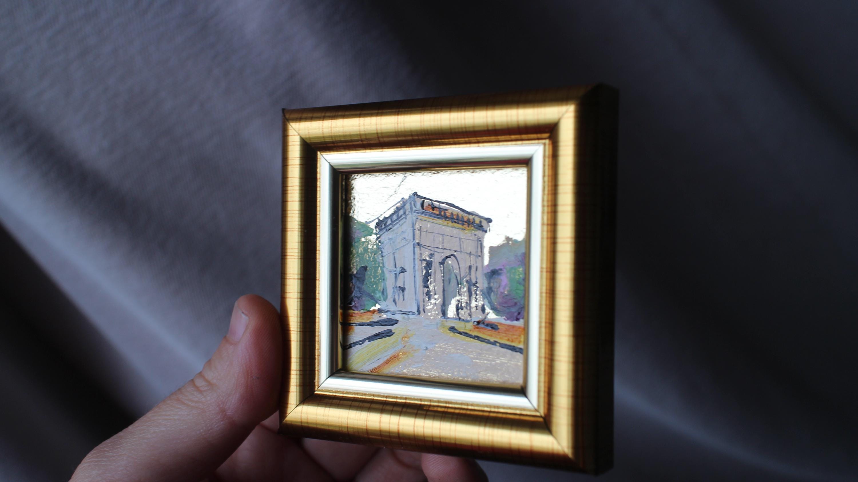 パリ凱旋門の絵画：ミニ油絵、金箔額入り都市風景画、2x2 - Etsy 日本