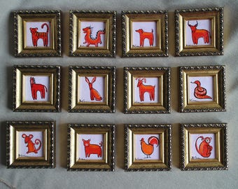 Custom Chinese Zodiac Chart Sign Astrology Celestial Horoscope Talisman miniature original oil painting framed 2x2