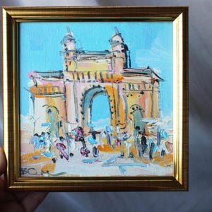 Mumbai Gateway of India Bombay India sketch 6x6 oil painting framed original painting India Wall Art Decor