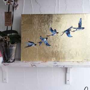 Swallow Martin Bird Fly oil Painting original framed with gold leaf Swallow in flight series Gold Leaf Art Gold Leaf Texture Wall Art