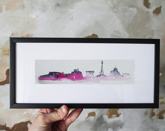 Framed Paris Watercolor Painting: Eiffel Tower Panorama, Small Wall Art